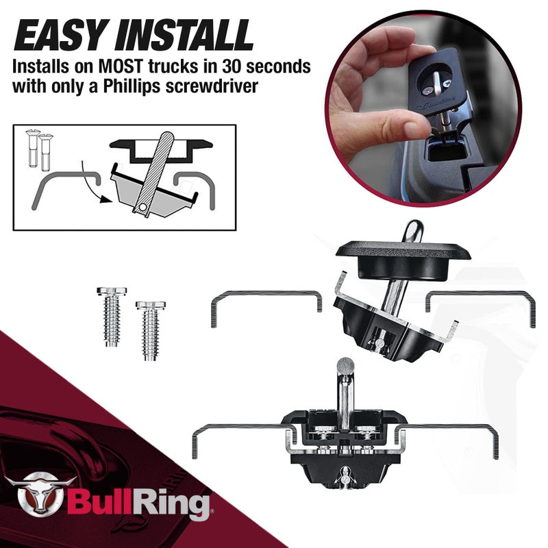 Bull Ring Retractable Flush Fit Truck Bed Tie Down Anchors, Built for 1995+ Dodge Ram & 2014-2019 Tundra Crew Max, Rail Cap Trim Required to Install, 1,000lbs. Rated Capacity (1 Pair) - Image 5